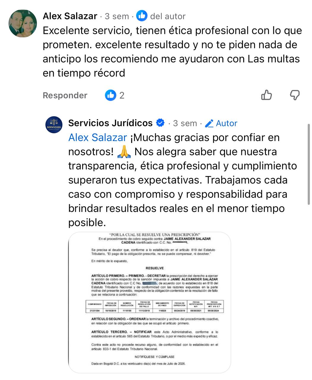 Comentarios de clientes en Facebook